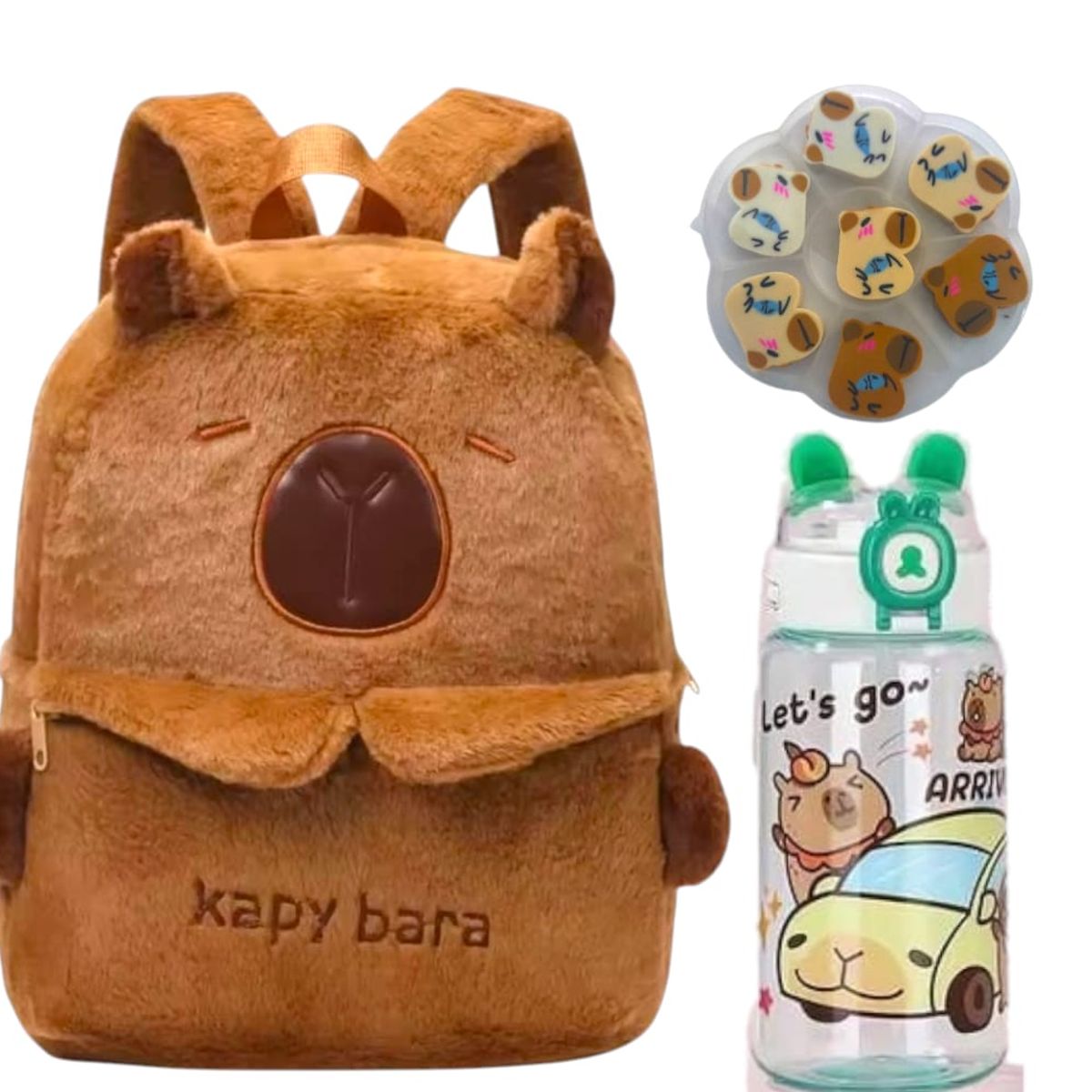 GENERICO - Pack de Mini  Mochila Capibara mas Tomatodo y Borradores