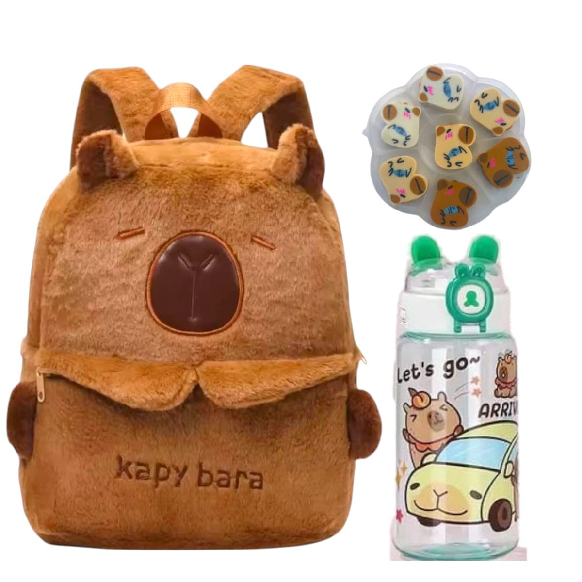 GENERICO - Pack de Mini  Mochila Capibara mas Tomatodo y Borradores