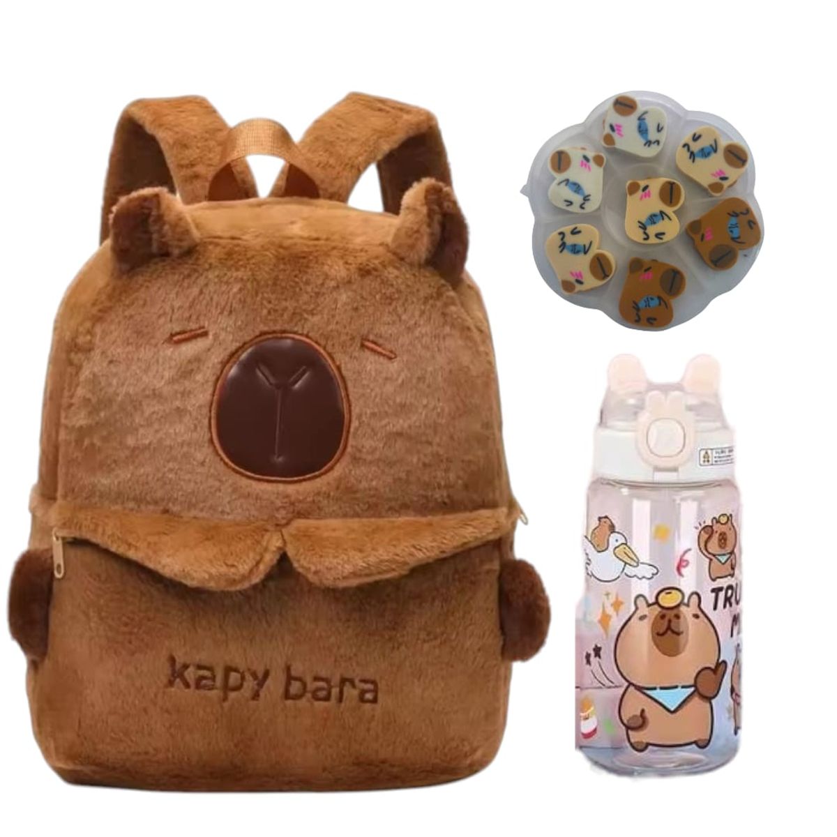 GENERICO - Pack de Mini  Mochila Capibara mas Tomatodo y Borradores