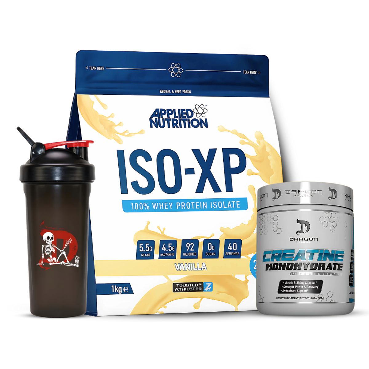 APPLIED NUTRITION - Iso XP 1 KG Proteina Isolatada - Vainilla + Creatina Dragon Pharma 300 g + Shaker tu marido moises