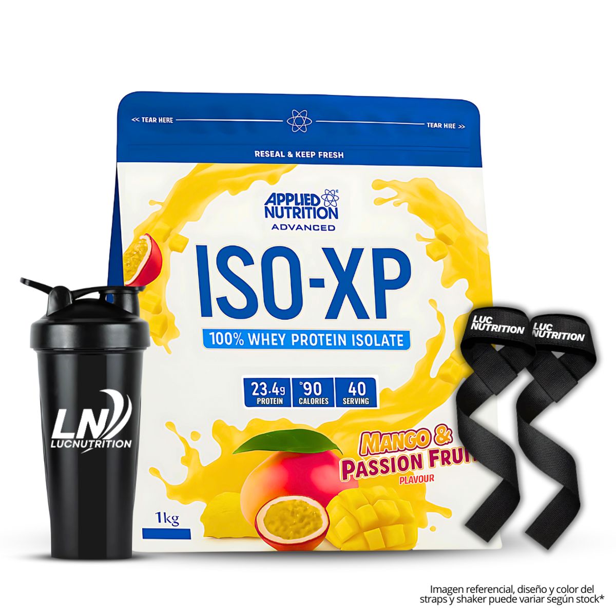 APPLIED NUTRITION - Iso XP 1 Kg Proteina Isolatada 40 servicios - Mango & Passion fruit + Shaker + Straps