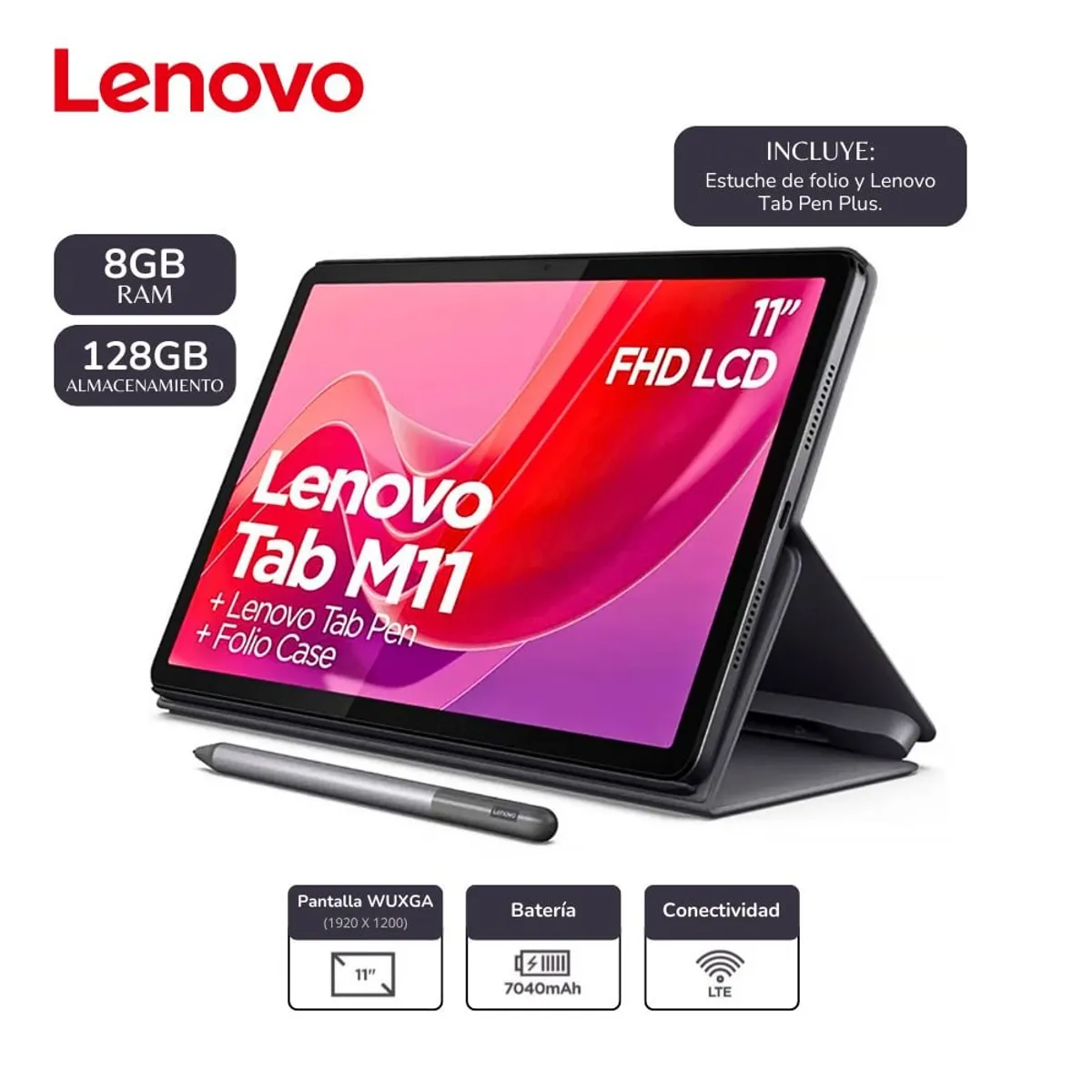 LENOVO - Tablet Lenovo Tab M11 11” 4G LTE 8GB 128GB Lapiz y Funda TB330XU