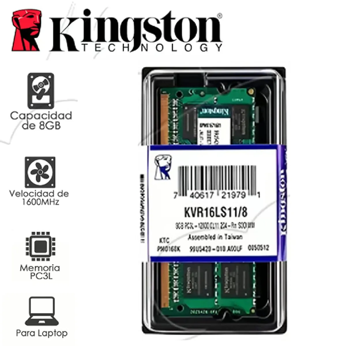 KINGSTON - MEMORIA RAM LAPTOP DDR3 PC3L 1600MHZ 8GB