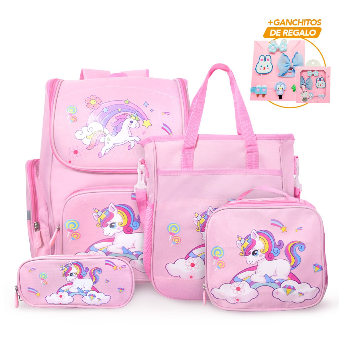 KELLER - Mochila Kawaii 4 Piezas Unicornio RS KW4 con Ganchitos S47 de Regalo