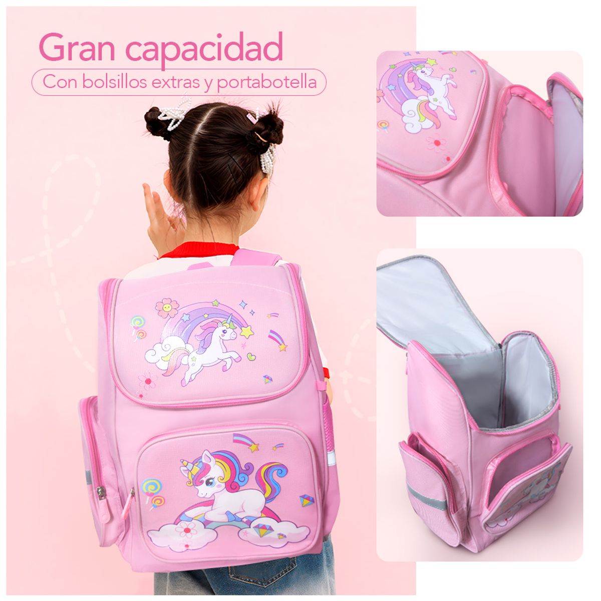 KELLER - Mochila Kawaii 4 Piezas Unicornio RS KW4 con Ganchitos S47 de Regalo