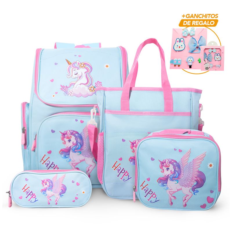 KELLER - Mochila Kawaii 4 Piezas Unicornio CL KW4 con Ganchitos S47 de Regalo