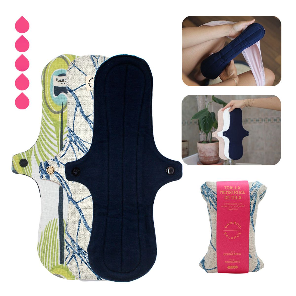 BAMBOO BALANCE - Toalla Higiénica Femenina de Tela - Tripack - XL - Azul