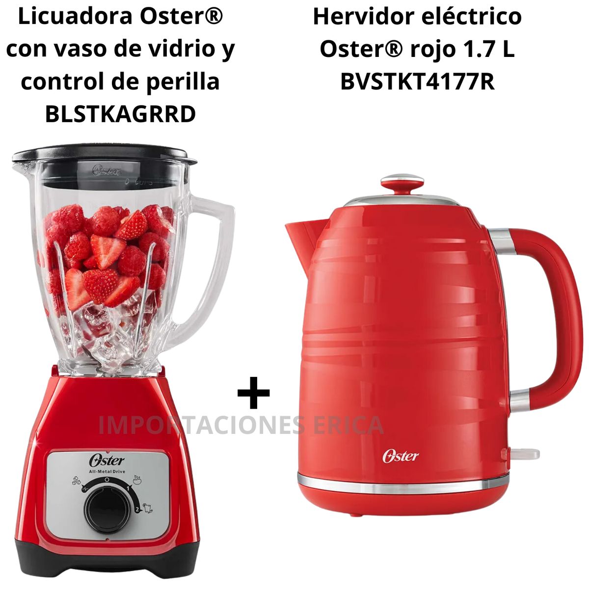 OSTER - Combo Oster licuadora 2 vel rojo de 1.5 L+ hervidora rojo de 1.7 L