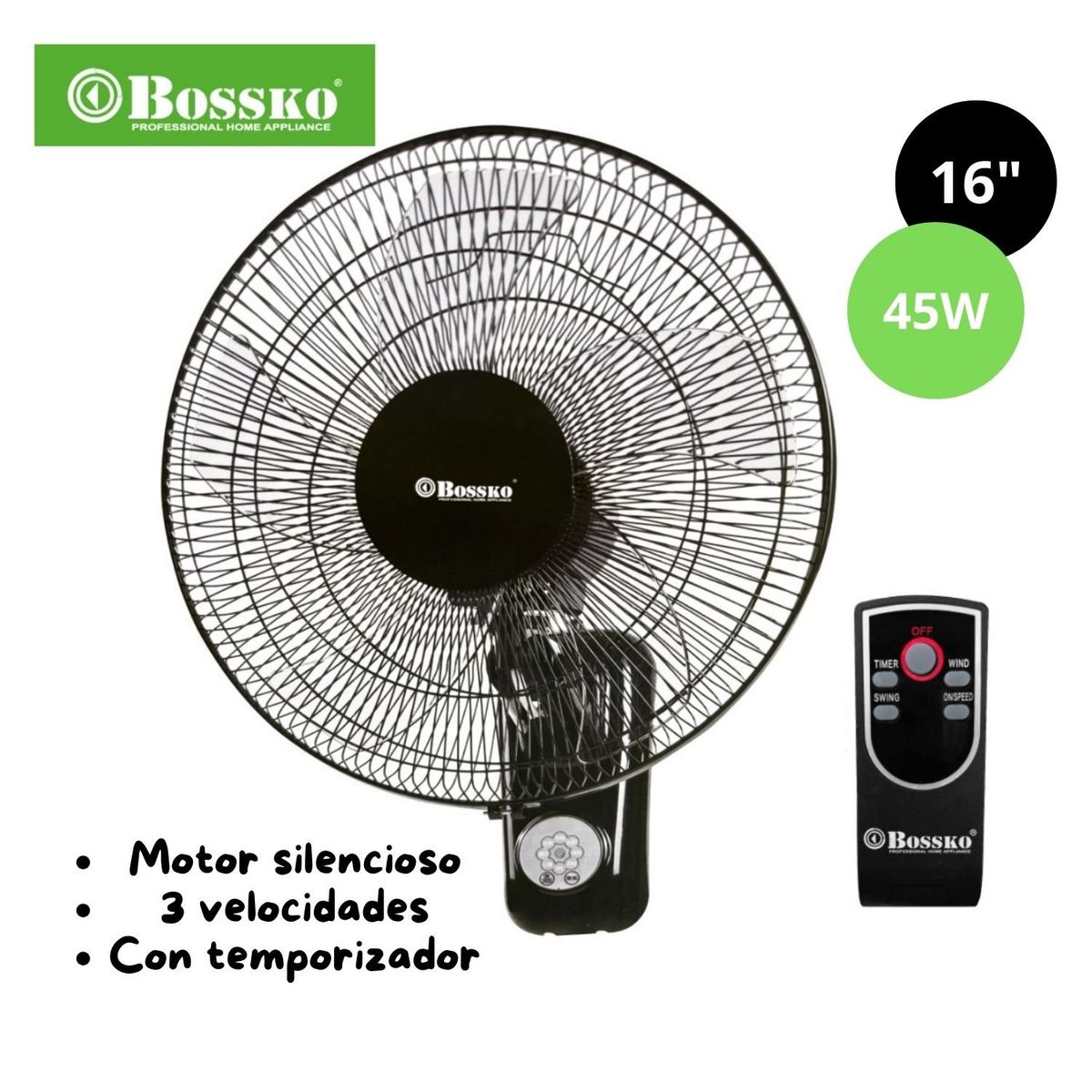BOSSKO - Ventilador de Pared Bossko con Control Remoto