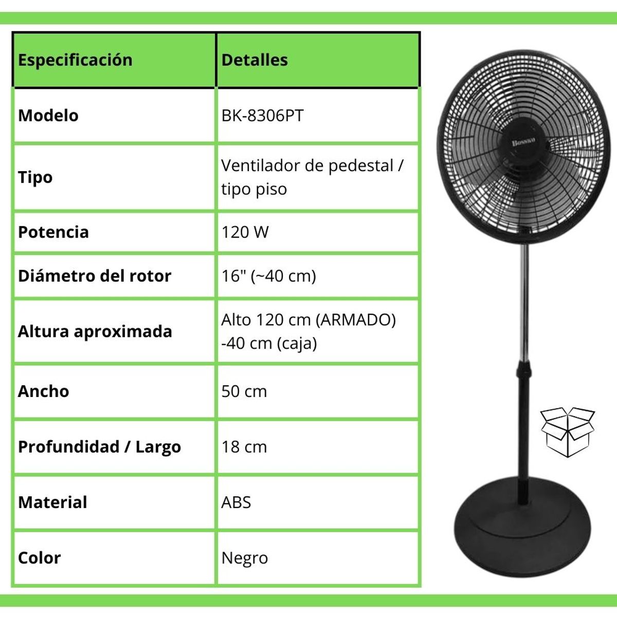 BOSSKO - Ventilador 16” Pedestal Bossko BK-8306PT