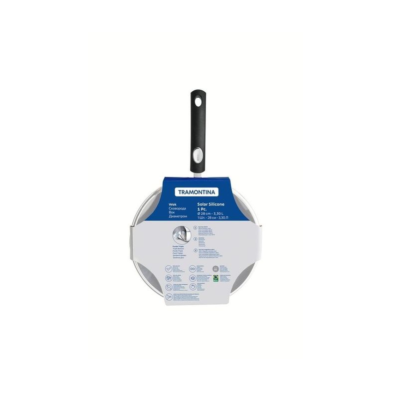 TRAMONTINA - Sartén Wok Tramontina 28 cm con Tapa de Vidrio - Acero Inoxidable