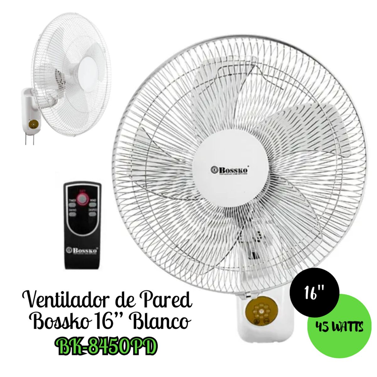 BOSSKO - Ventilador de Pared Bossko Con Control Remoto BK-8450PD