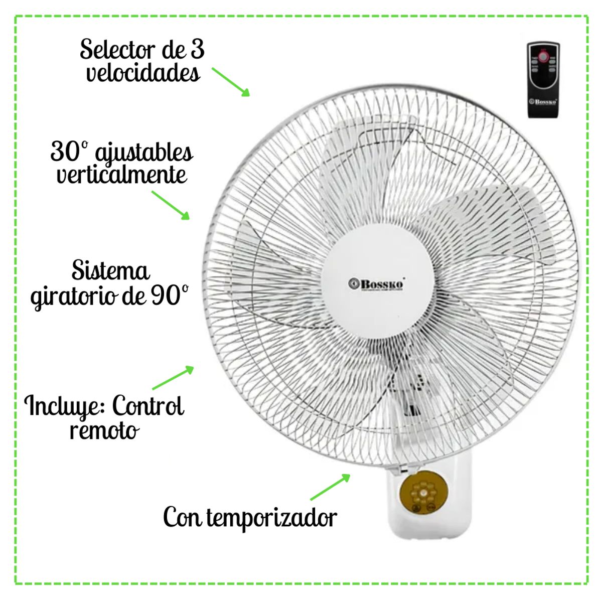 BOSSKO - Ventilador de Pared Bossko Con Control Remoto BK-8450PD