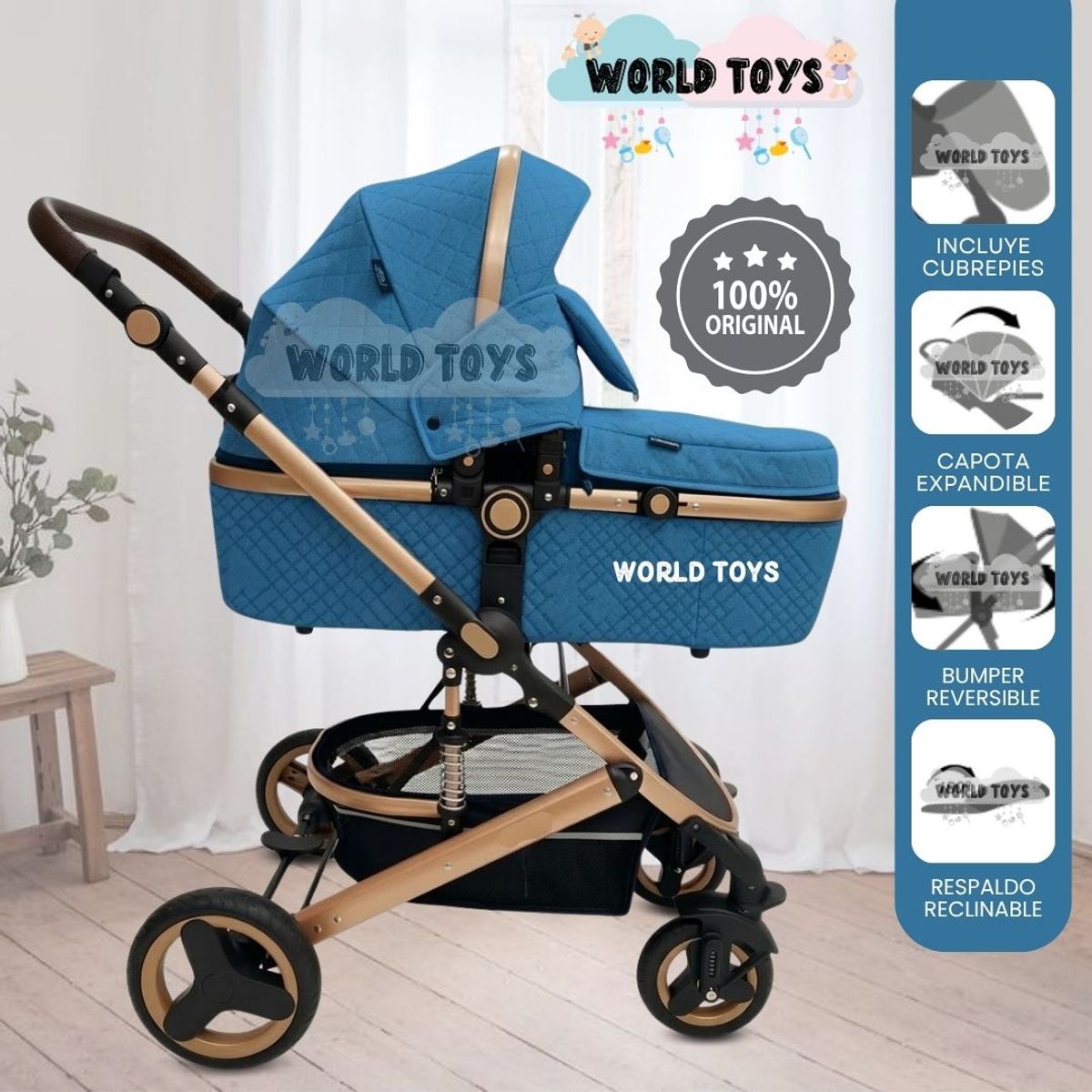 Baby - Coche Moisés Travel System «LOVY BABY» con Bumper Reversible Dark Blue