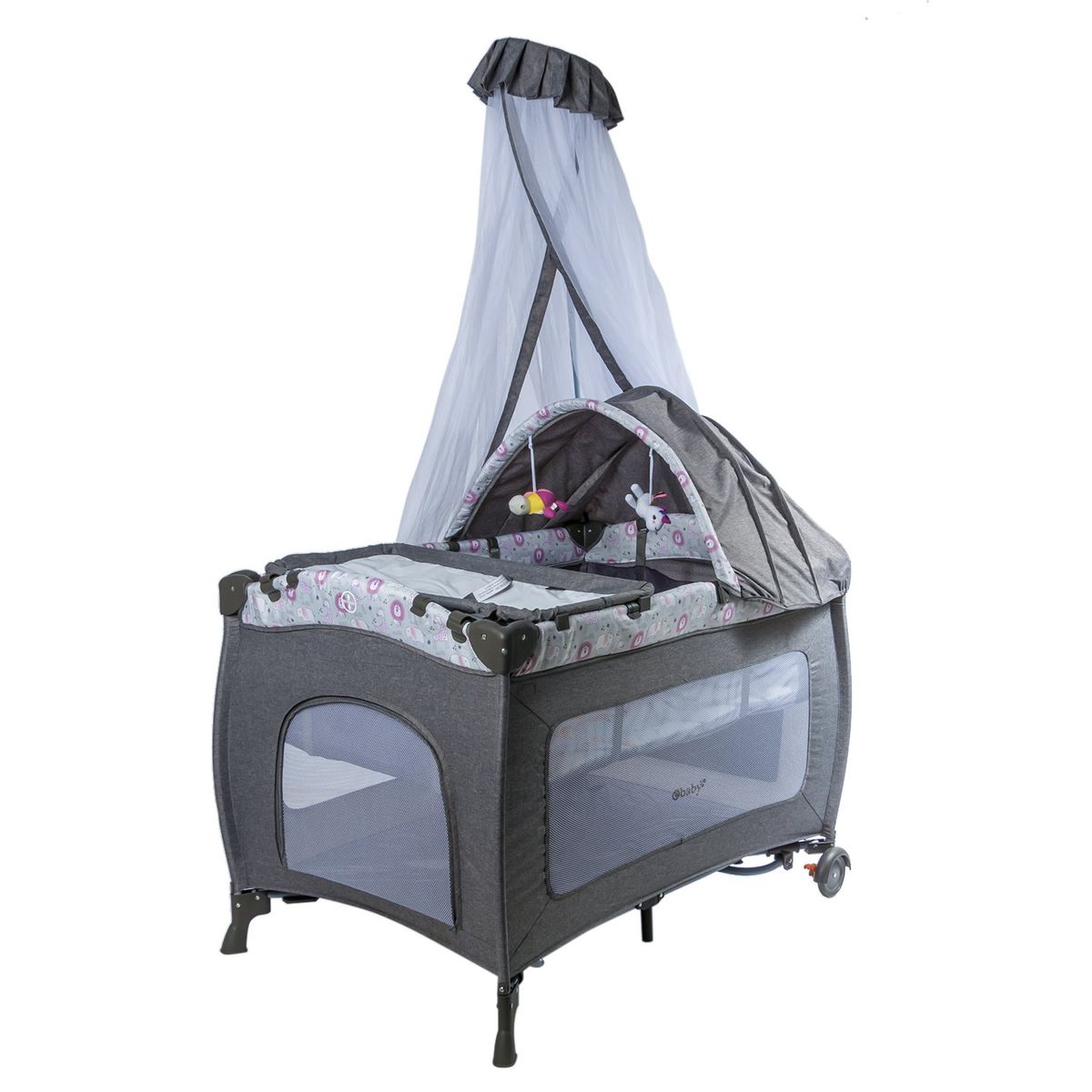 EBABY - Cuna Corral Mecedora Sally Gris Rosado  EB716-3