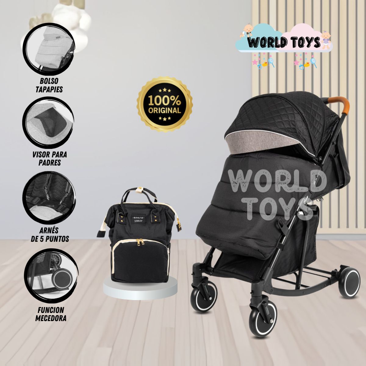 BABY - Coche Mecedora de Lujo «SIDNEY II» con Pañalera Black