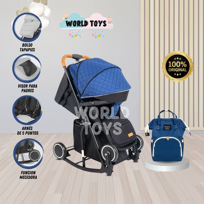 BABY - Coche Mecedora de Lujo «SIDNEY II» con Pañalera Blue
