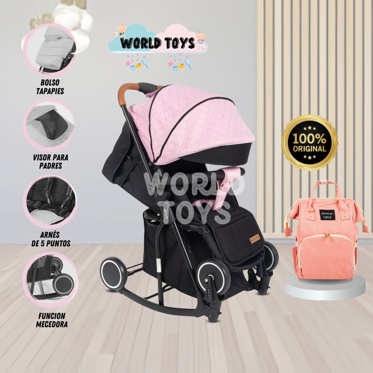 BABY - Coche Mecedora de Lujo «SIDNEY II» con Pañalera Pink