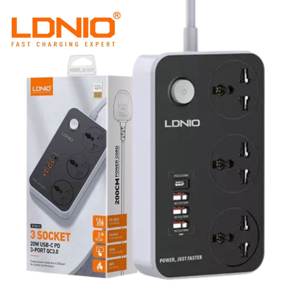 LDNIO - Extension Tomacorriente CargaRapida LDNIO 2500w SC3412 4 USB 4 Socket