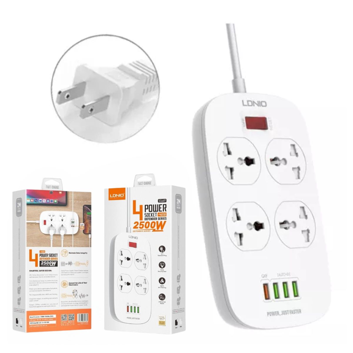 LDNIO - Extension Tomacorriente CargaRapida LDNIO 2500w SC4407 4 USB 4 Socket