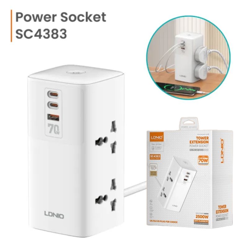LDNIO - Extension Tomacorriente CargaRapida LDNIO 2500w SC4383 4 USB 4 Socket