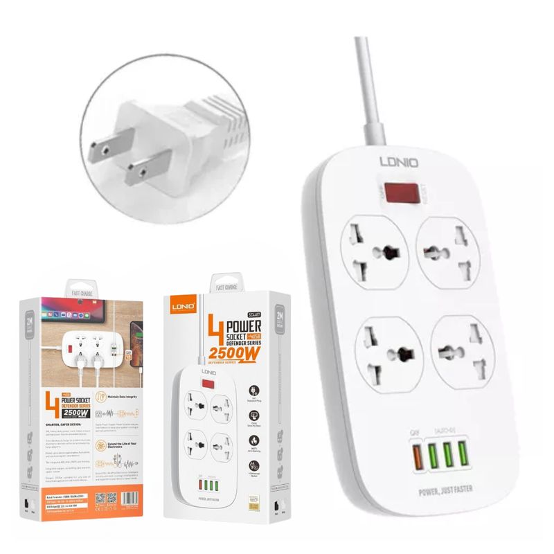 LDNIO - Extension Tomacorriente CargaRapida LDNIO 2500w SC4407 4 USB 4 Socket