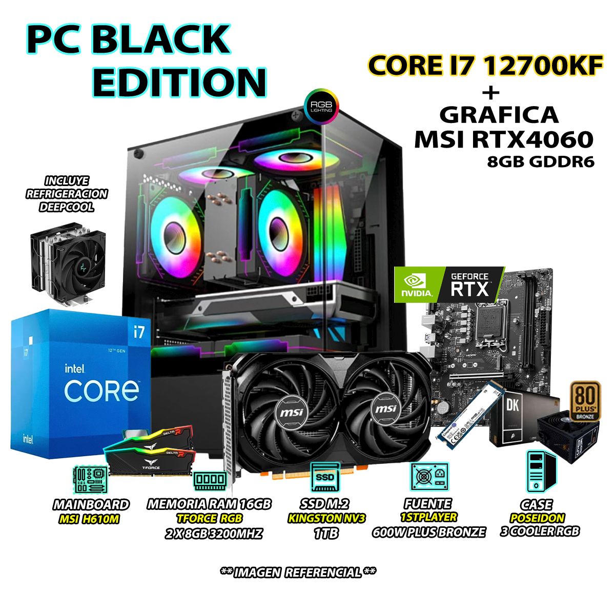 INTEL - Computadora PC Gamer Core i7 12700KF RAM 16GB SSD 1TB GRAFICA RTX 4060 8GB