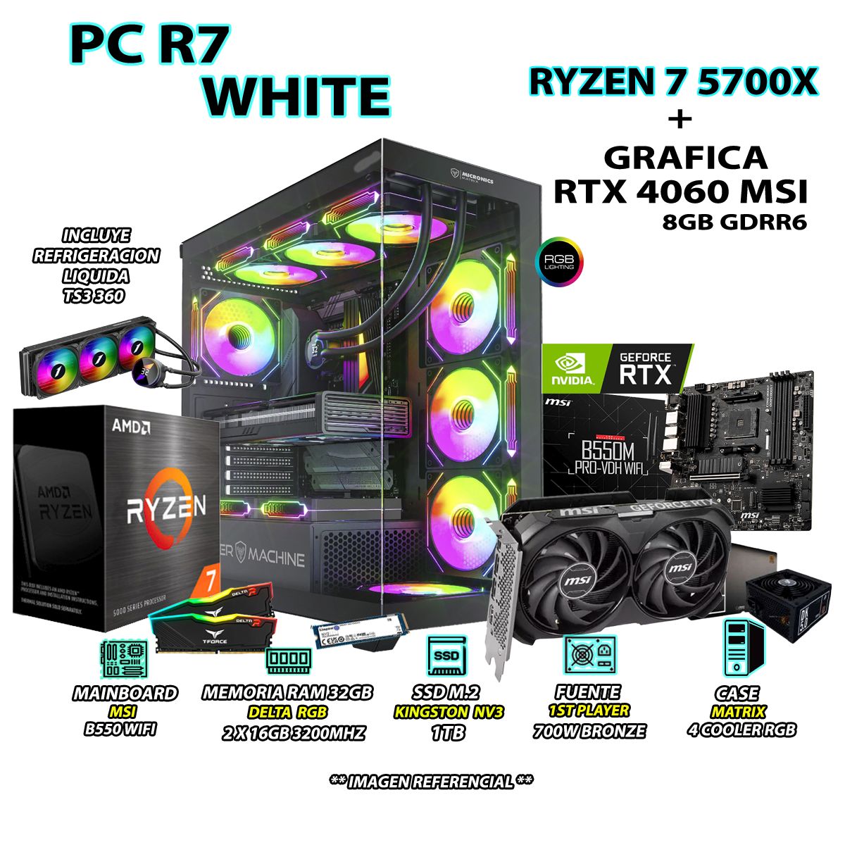 AMD - Computadora PC RYZEN 7 5700X RAM 32GB SSD 1TB GRAFICA MSI RTX 4060 8GB