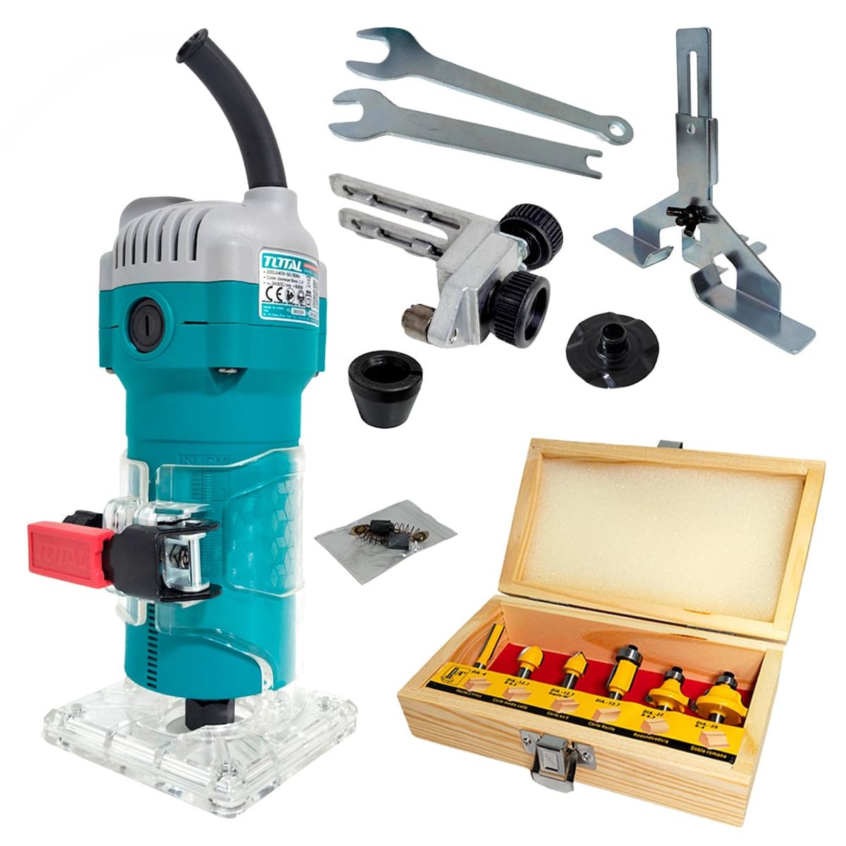 TOTAL TOOLS - RUTEADORA FRESADORA TUPI DE MANO PALMA 6MM 14 TOTAL TLT6001 600W 34500RPM + 6FRESAS