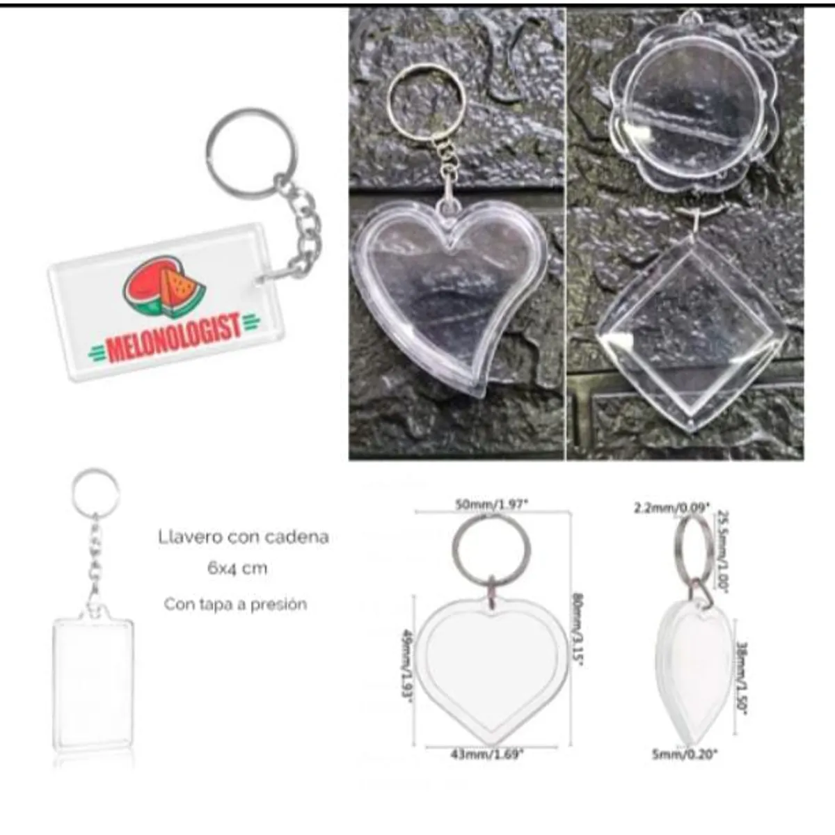 GENERICO - Pack de 6 Llaveros Acrílicos 6x4 con Tapa intercambiable cadena