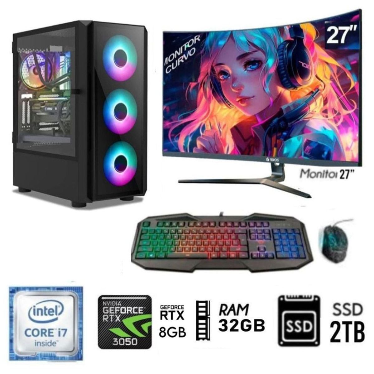 INTEL - Computadora PC Gamer Core I7 Ram32GB DISCO SSD 2TB Video RTX 3050 8GB MONITOR 27