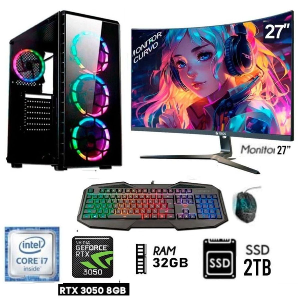 INTEL - Computadora PC Gamer Core I7 Ram32GB DISCO SSD 2TB Video RTX 3050 8GB MONITOR 27