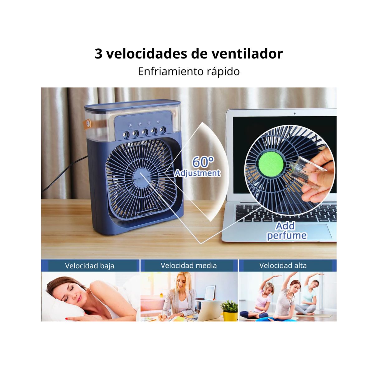 GENERICO - Ventilador Humidificador Portátil Recargable USB 3 Velocidades Azul