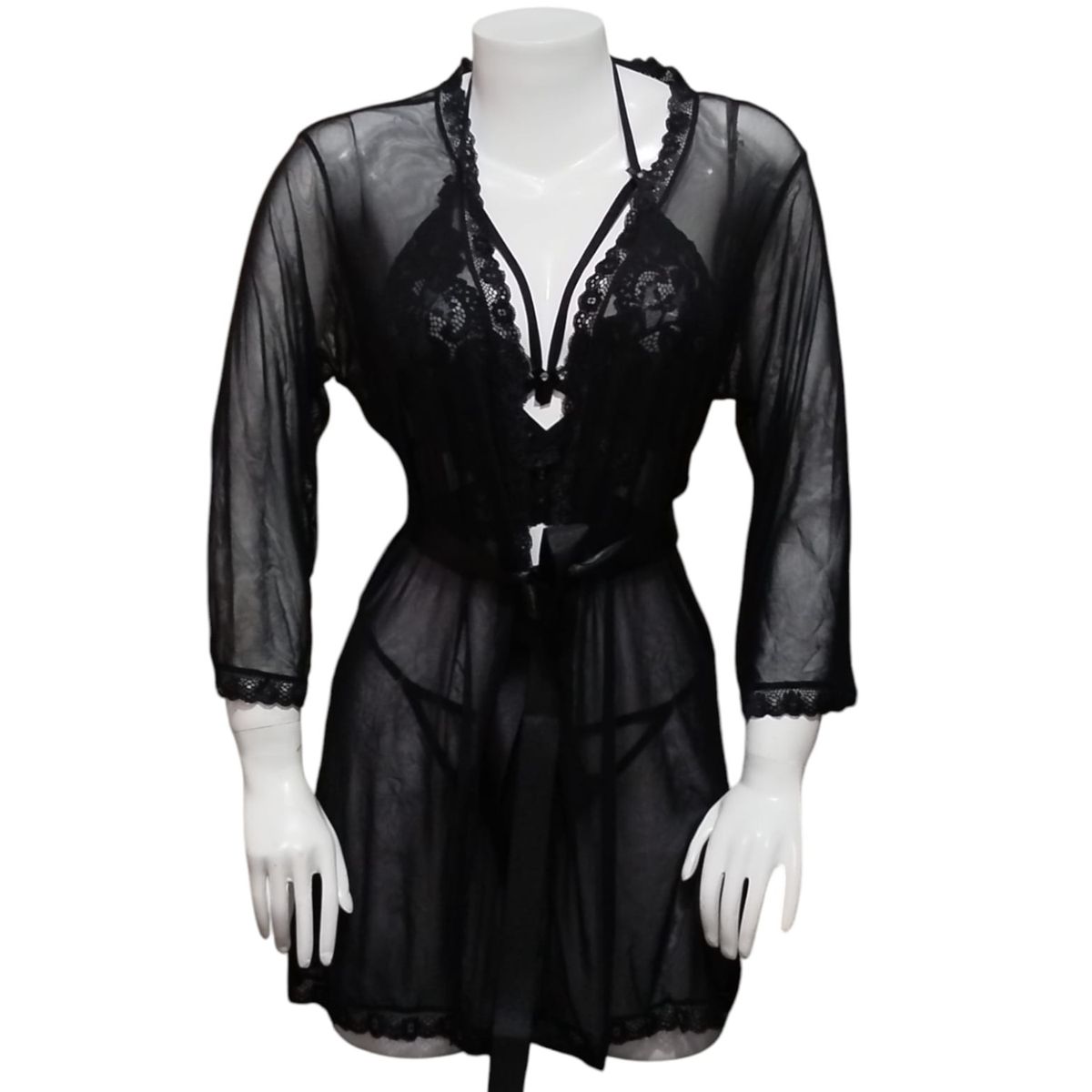 GENERICO - CONJUNTO DE BATA LENCERIA TRANSPARENTE ENCAJE TUL SIEMPRE LISTA