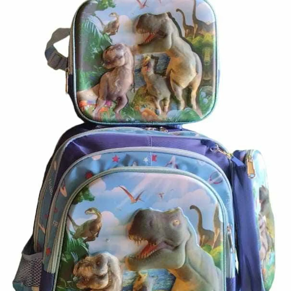 GENERICO - MOCHILA DINOSAURIO + LONCHERA + CARTUCHERA CON LUCES 3D CON RUEDAS