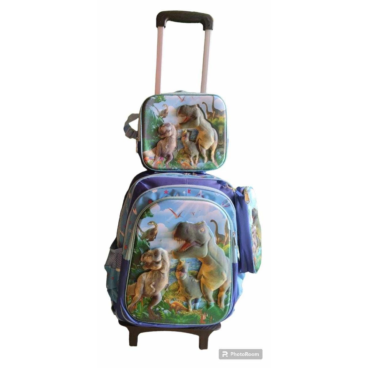 GENERICO - MOCHILA DINOSAURIO + LONCHERA + CARTUCHERA CON LUCES 3D CON RUEDAS