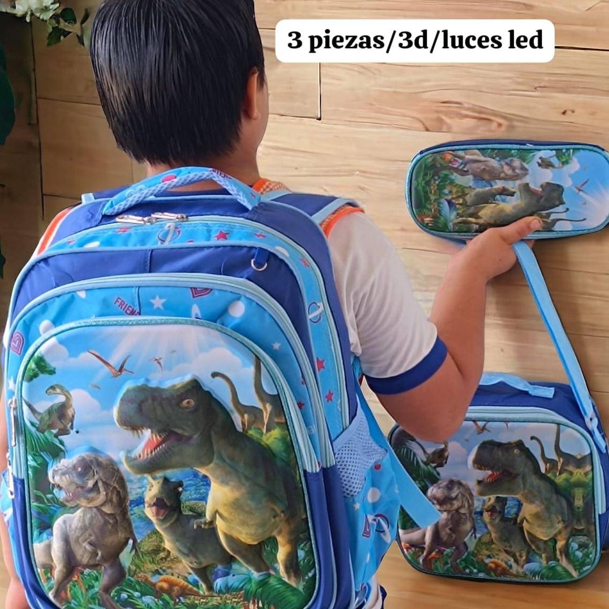 GENERICO - MOCHILA DINOSAURIO + LONCHERA + CARTUCHERA CON LUCES 3D CON RUEDAS