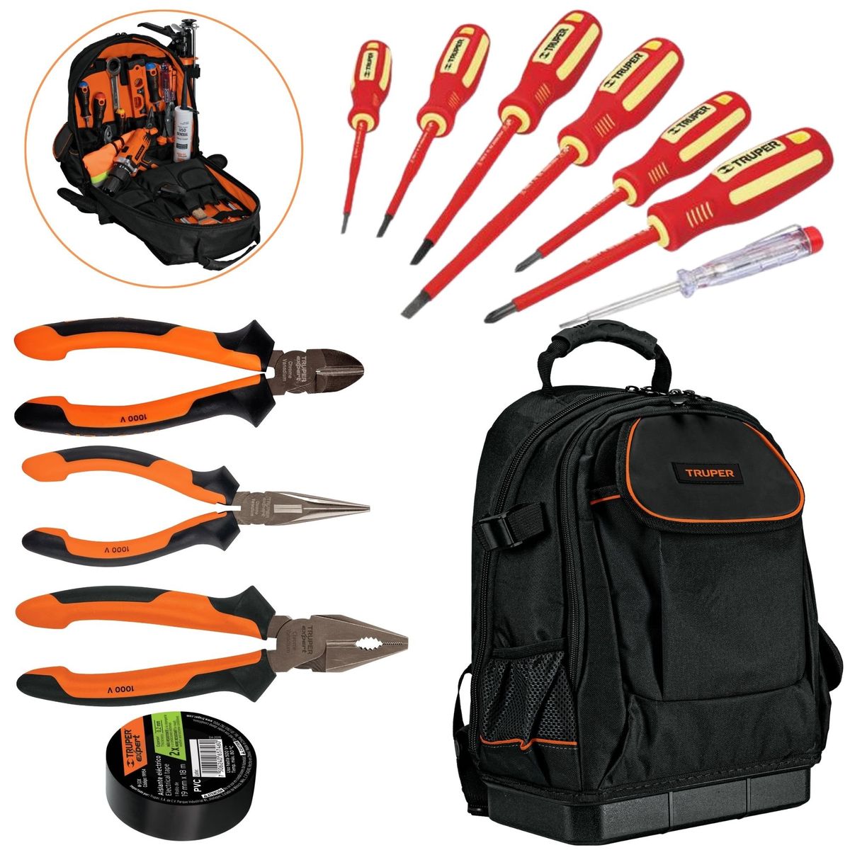TRUPER - Alicates desarmadores dieléctricos 1000V KIT MOCHILA PORTA HERRAMIENTA