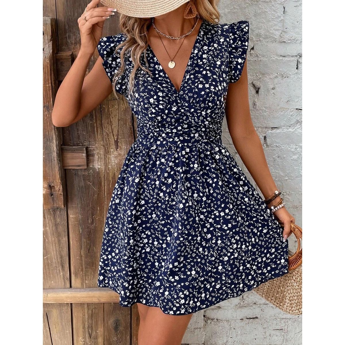 TAIS PRINCESS - Vestido casual floral azul manga mariposa cuello en V