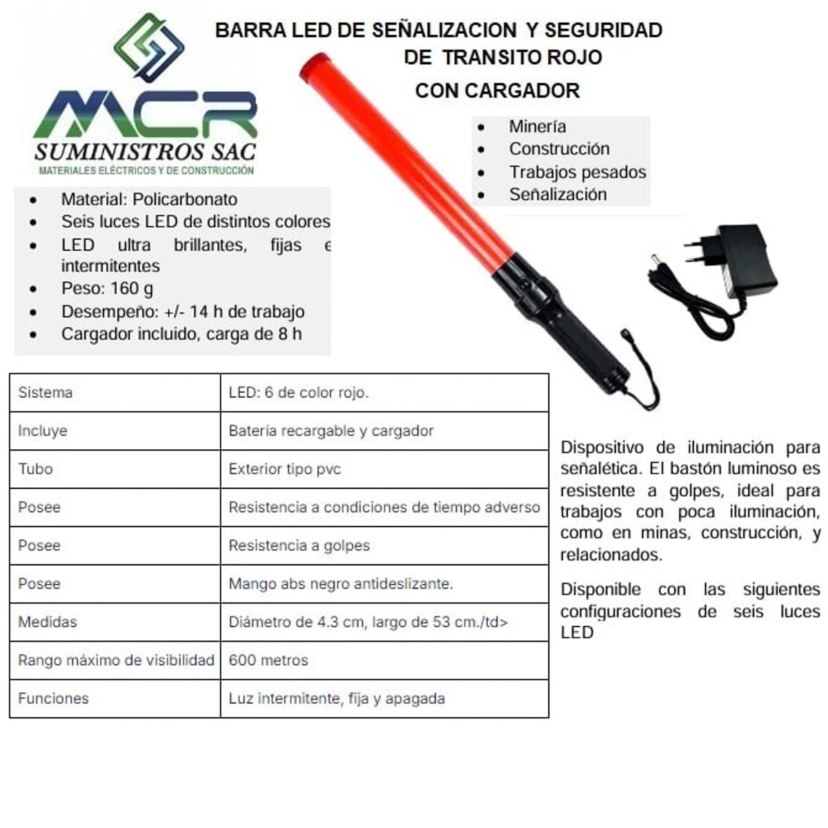 GENERICO - BARRA LED PARA SEÑALIZACION Y SEGURID ROJO CON CARGADOR 6UND