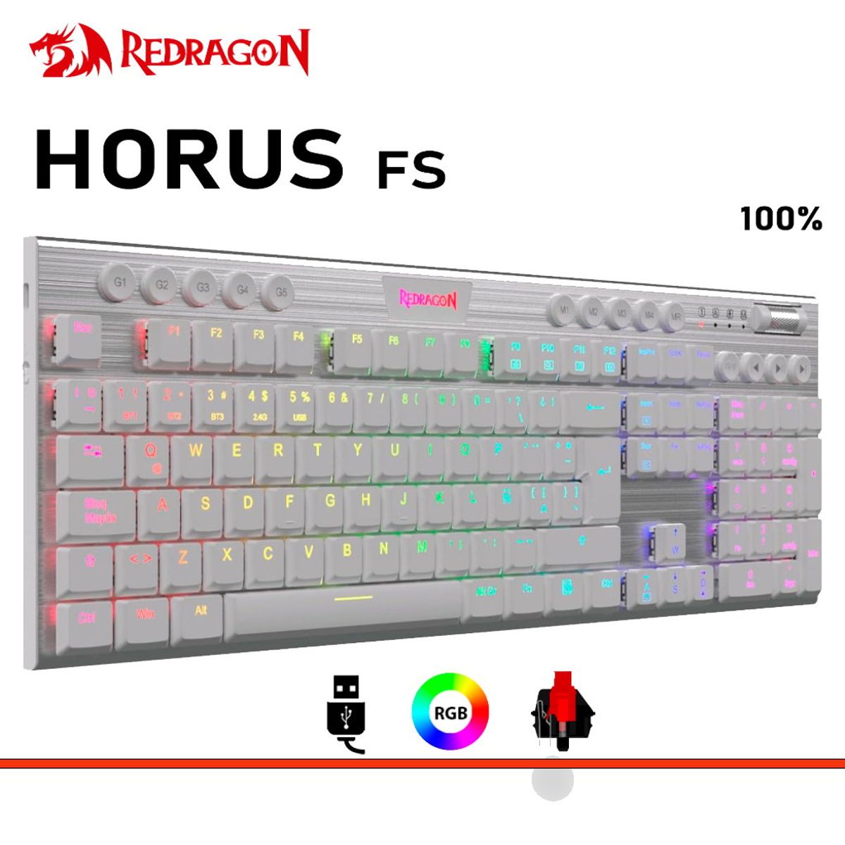 REDRAGON - Teclado Mecánico Redragon HORUS FS K619W-RGB-SP WHITE Cableado