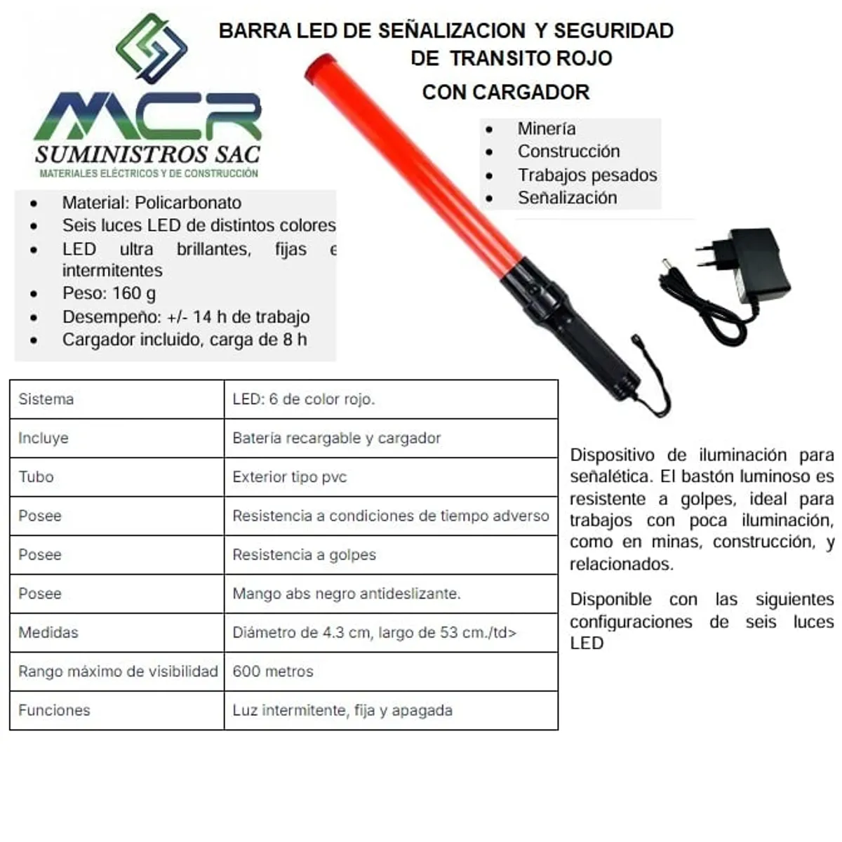 GENERICO - BARRA LED PARA SEÑALIZACION Y SEGURID ROJO CON CARGADOR 4UND