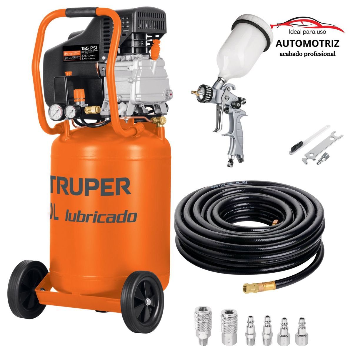 TRUPER - kit Compresora de aire 50L vertical Pistola para pintar manguera 15m