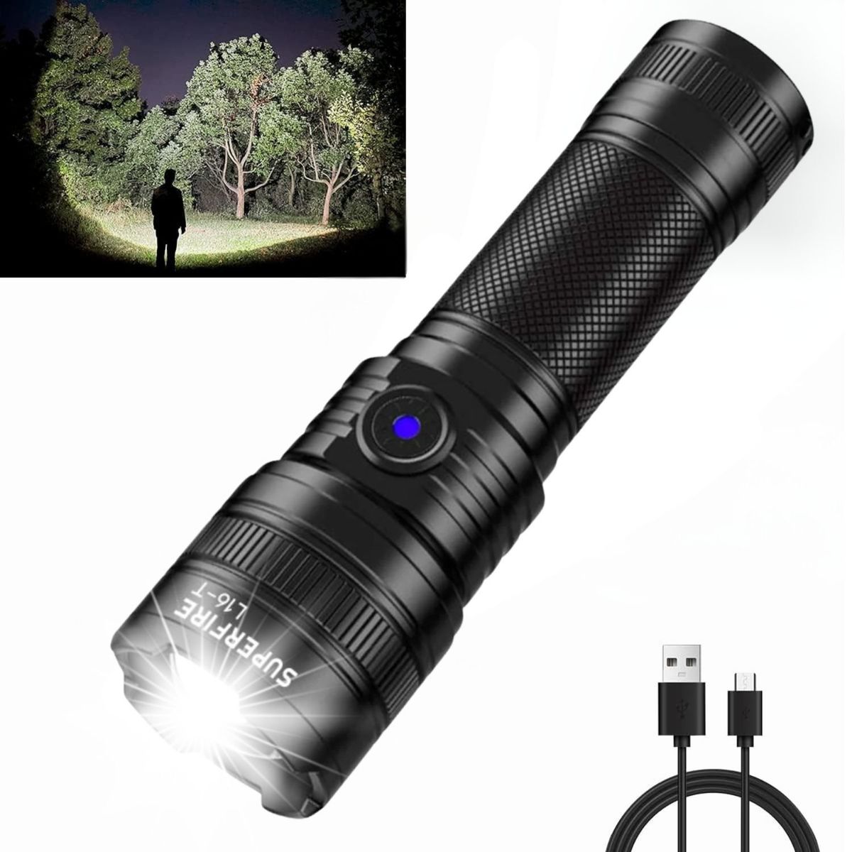 OEM - Linterna táctica potent LED recargable zoom telescópico y carga Tipo-C