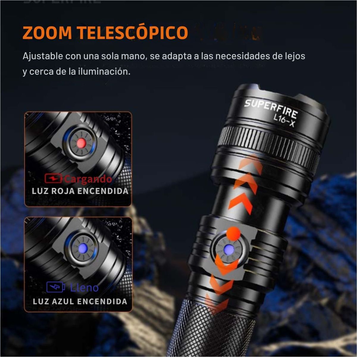 OEM - Linterna táctica potent LED recargable zoom telescópico y carga Tipo-C