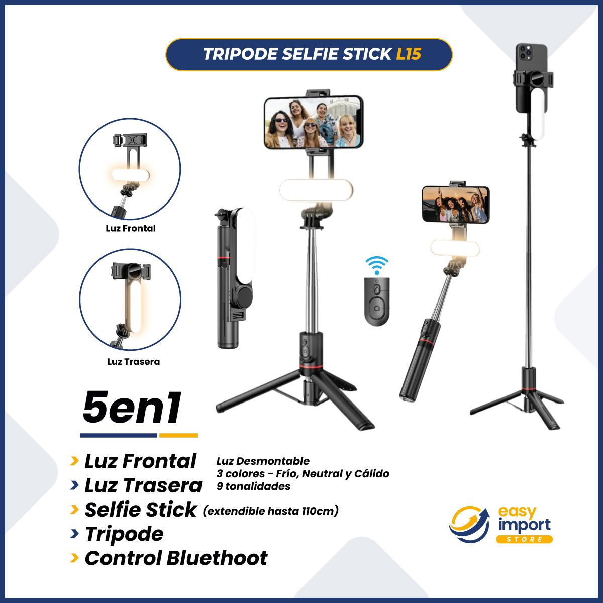 GENERICO - Tripode Selfie Stick 110cm + Luz + Bluethoot 5en1 Para Celular