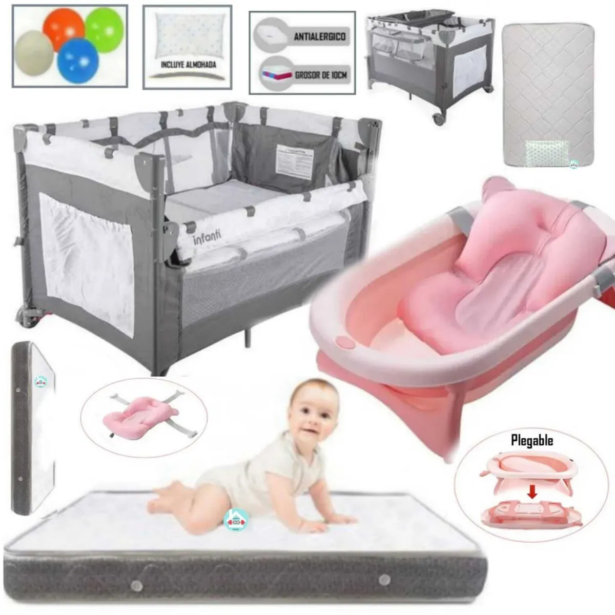 INFANTI - Cuna Always Together + Colchón Plomo y Tina plegable Rosado