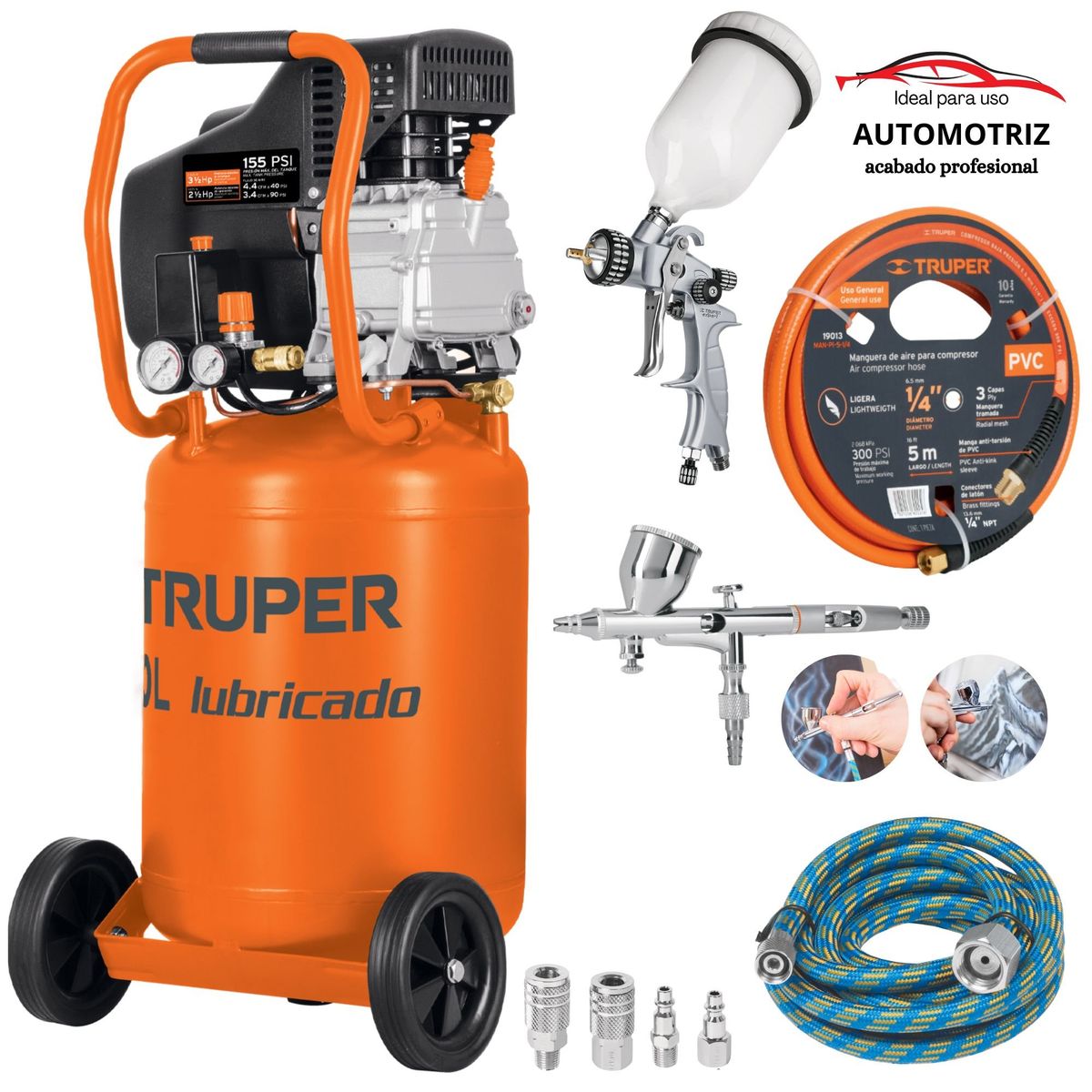 TRUPER - kit Compresora de aire 50L vertical Pistola para pintar manguera 15m