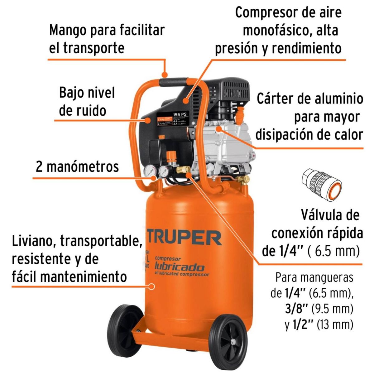 TRUPER - kit Compresora de aire 50L vertical Pistola para pintar manguera 15m