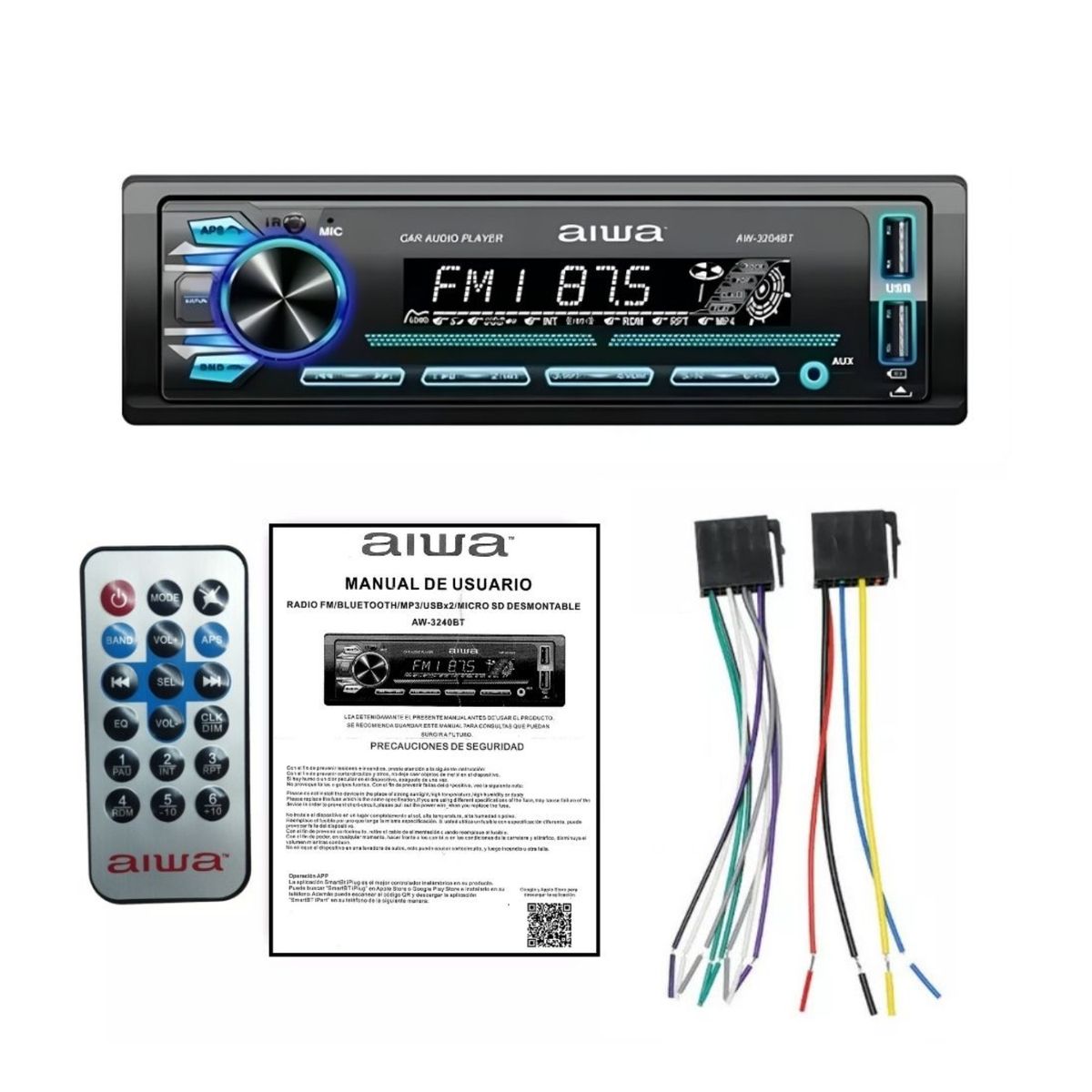 AIWA - Autoradio Bluetooth USB AUX 7 Colores Panel desmontable Aiwa AW-3240BT